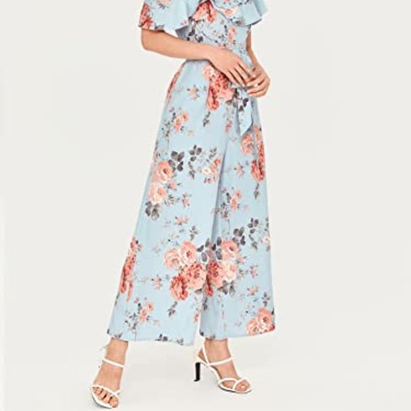 Women's Rose Floral Print Ruffle Hem Romper Short Sleeve Wide Leg Jumpsuit - Picture 4 of 13